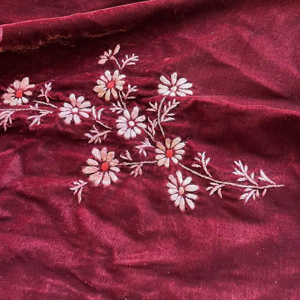 Vintage Scarf Silk and Velvet Hand Embroidered Floral Deep Red Maroon Pink 90s
